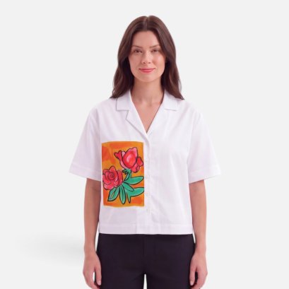 Woman Crop Shirts - White : Pink Roses &amp; Orange Frame