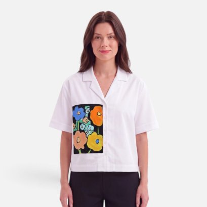 Woman Crop shirts - White : Colorful Flowers &amp; Black Frame