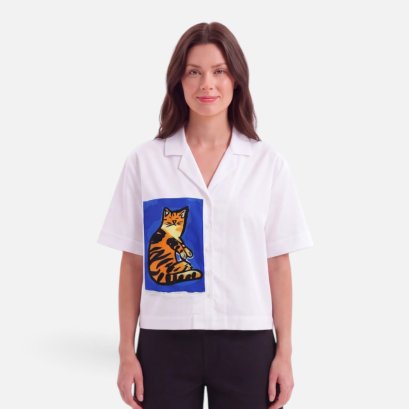 Woman Crop Shirts - White : Orange Tabby Cat &amp; Blue Frame