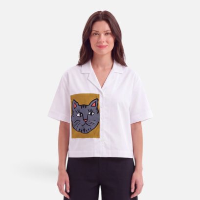 Woman Crop Shirts - White : Grey Cat Portrait &amp; Yellow Frame