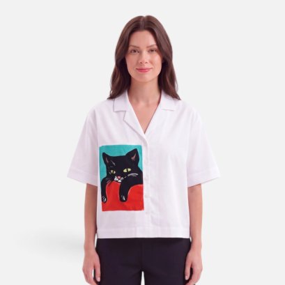 Woman Crop Shirts - White : The Playful Black Cat