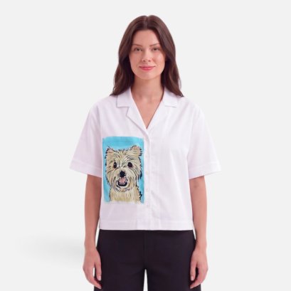 Woman Crop Shirts - White : Fluffy Dog &amp; Sky Blue Frame
