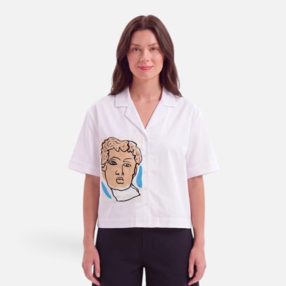 Woman Crop Shirts - White : Classic Statue Bust &amp; Blue Accents