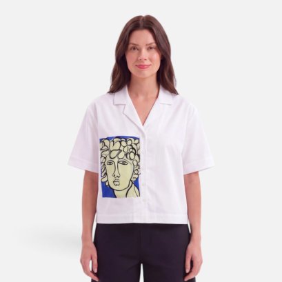 Woman Crop Shirts - White : Classical Portrait &amp; Blue Frame