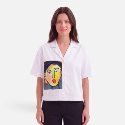 Woman Crop Shirts - White : Abstract Woman Portrait &amp; Grey Frame
