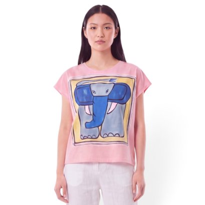 เสื้อปอนโชผู้หญิง - สีชมพู : ลายช้างน้อยสีฟ้าบนผืนผ้าชมพู