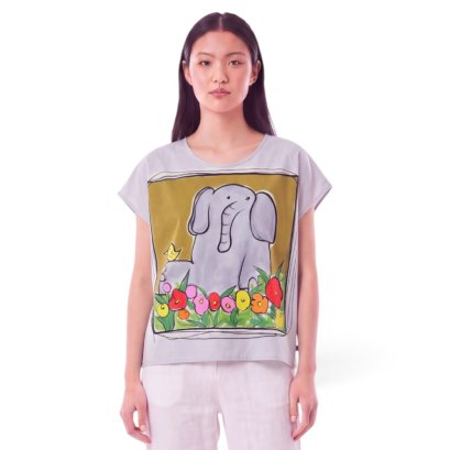 เสื้อปอนโชผู้หญิง - สีเทา : ลายช้างน้อยและนกเหลืองในสวนดอกไม้