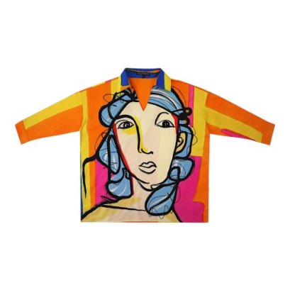 เสื้อเชิ้ตแขนยาวผู้หญิง - สีส้ม : ลายหญิงผมฟ้าในกรอบส้มชมพูจัดจ้าน