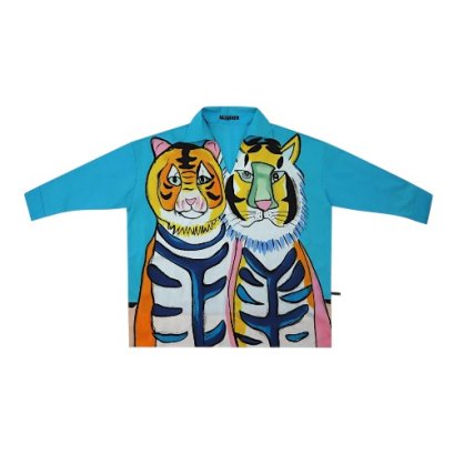 เสื้อเชิ้ตแขนยาวผู้หญิง - สีฟ้า : ลายเสือคู่บนพื้นฟ้าสดโครงเส้นเข้ม