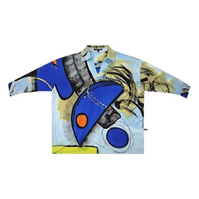 เสื้อเชิ้ตแขนยาวผู้หญิง - สีฟ้า : ลายสามเหลี่ยมน้ำเงินในโลกพู่กันดำ