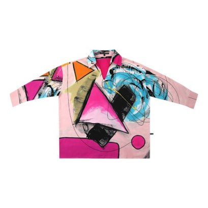 เสื้อเชิ้ตแขนยาวผู้หญิง - สีชมพู : ลายสามเหลี่ยมชมพูในโลกเส้นหมึก