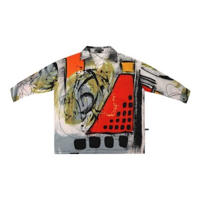 เสื้อเชิ้ตแขนยาวผู้หญิง - สีเทา : ลายเรขาศิลป์แดง-ดำบนพื้นเทาหม่น