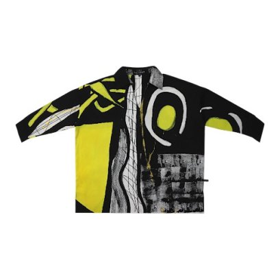 เสื้อเชิ้ตแขนยาวผู้หญิง - สีดำ : ลายวงเหลืองบนร่องมิติดำ