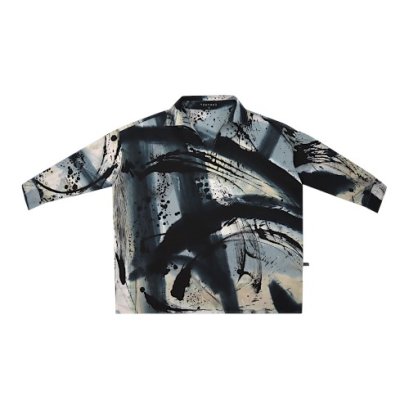 เสื้อเชิ้ตแขนยาวผู้หญิง - สีเทา : ลายพู่กันสีดำในม่านหมอกสีเทา