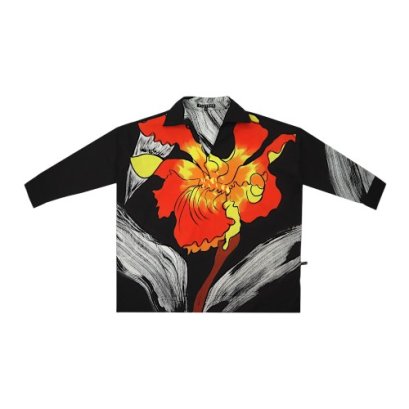 เสื้อเชิ้ตแขนยาวผู้หญิง - สีดำ : ลายกล้วยไม้เพลิงกลางพายุหมึก