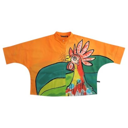 เสื้อเชิ้ตผู้หญิงปกคอจีนปีกค้างคาว - สีส้ม : ลายไก่แห่งรุ่งอรุณบนเนินเขาเขียว