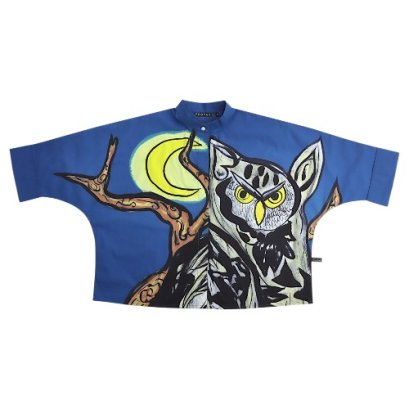 เสื้อเชิ้ตผู้หญิงปกคอจีนปีกค้างคาว - สีน้ำเงิน : ลายนกฮูกใต้พระจันทร์เสี้ยว