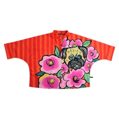 เสื้อเชิ้ตผู้หญิงปกคอจีนปีกค้างคาว - สีแดง : ลายปั๊กซ่อนใจในสวนสีชมพู