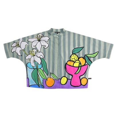 เสื้อเชิ้ตผู้หญิงปกคอจีนปีกค้างคาว - สีเทา : ลายแจกันดอกไม้และชามผลไม้