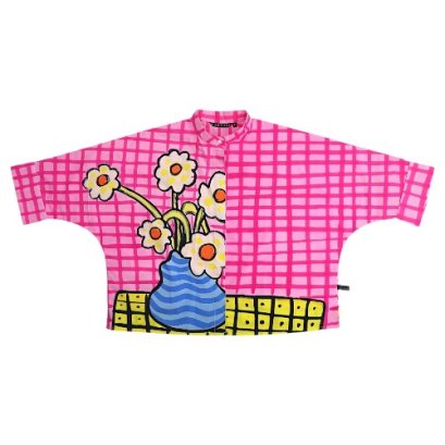 เสื้อเชิ้ตผู้หญิงปกคอจีนปีกค้างคาว - สีชมพู : ลายเดซี่ในแดนลายตาราง