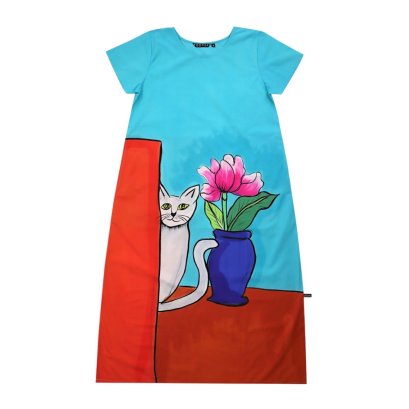 Woman Dress - Blue : White Cat With Tulips Flower