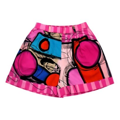 Woman Short Pants With Zipper - Pink : Abstract pink and red circles on square blocks.