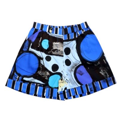 Woman Short Pants With Zipper - Blue :  Abstract Blue and Black circles on square blocks.