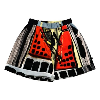 Woman Short Pants With Zipper - Black : Abstract brush strokes with red and black squares