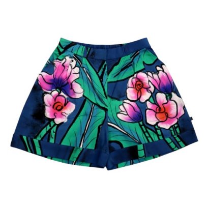 กางเกงขาสั้นผู้หญิงมีซิป - สีน้ำเงิน : ลายต้นทิวลิปสีม่วง