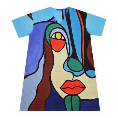 เดรสผู้หญิง - สีฟ้า : ลายกราฟิกใบหน้าถูกล้อมรอบด้วยเส้นสีฟ้า