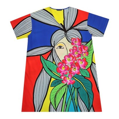 เดรสผู้หญิง - หลากสี : ลายผู้หญิงกำลังแอบมองอยู่หลังดอกกุหลาบ