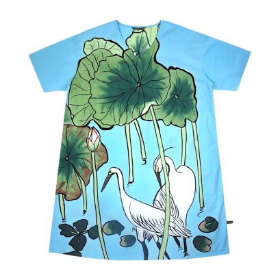 Women Tunic dress - Blue : The Egrets in Azure Lotus Pond
