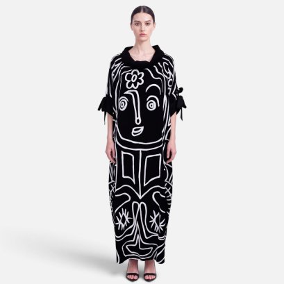 Crepe Turtle Neck Kaftan - Black : Tribal Woman Line Art