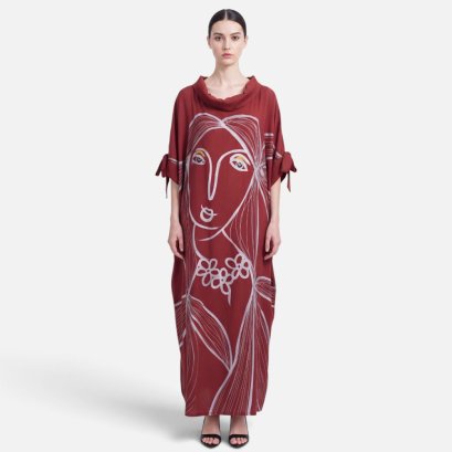 Crepe Turtle Neck Kaftan - Brown : Terracotta Woman & Floral Line Art