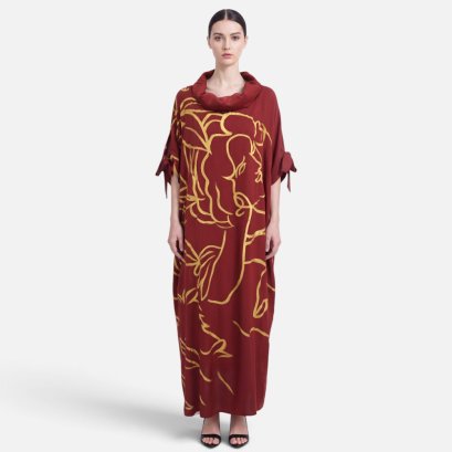 Crepe Turtle Neck Kaftan - Brown : Reclining Woman Portrait under Foliage