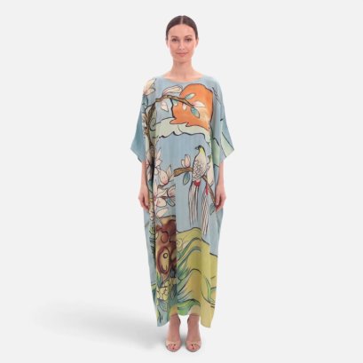 เครปคาฟทาน คอกลม - สีฟ้า : ลายนกมงคลคู่บนกิ่งมู่หลาน