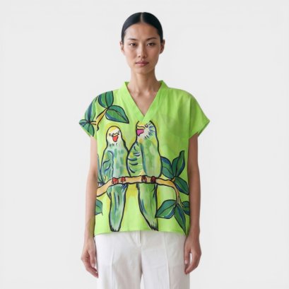 เสื้อตัวหลวมผู้หญิง - สีเขียว : ลายดินแดนแห่งฝันของนกแก้ว