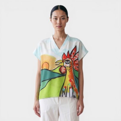 เสื้อตัวหลวมผู้หญิง - สีฟ้า : ลายไก่แจ้ยามรุ่งอรุณ