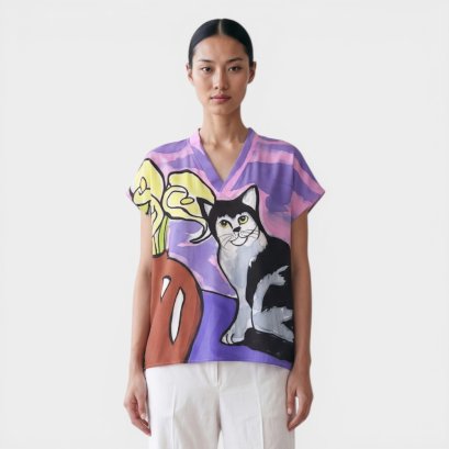 เสื้อตัวหลวมผู้หญิง - สีม่วง : ลายดอกไม้และแมวผู้เป็นแรงบันดาลใจ