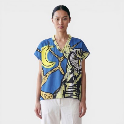เสื้อตัวหลวมผู้หญิง - สีน้ำเงิน : ลายนกฮูกใต้แสงจันทร์