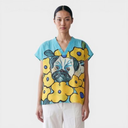 เสื้อตัวหลวมผู้หญิง - สีฟ้า : ลายเจ้าปั๊กในสวนเหลือง