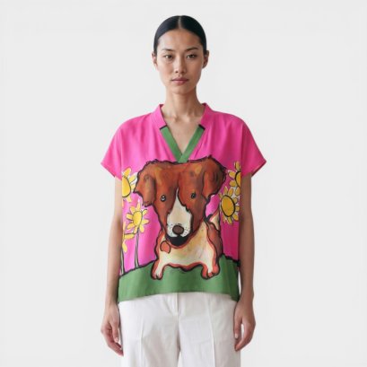 เสื้อตัวหลวมผู้หญิง - สีชมพู : ลายแจ็ครัสเซลกับดอกเดซี่