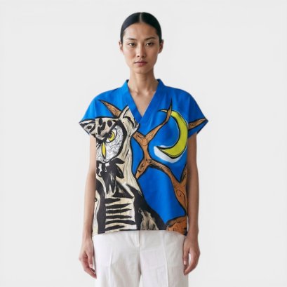 เสื้อตัวหลวมผู้หญิง - สีน้ำเงิน : ลายนกฮูกใต้แสงจันทร์