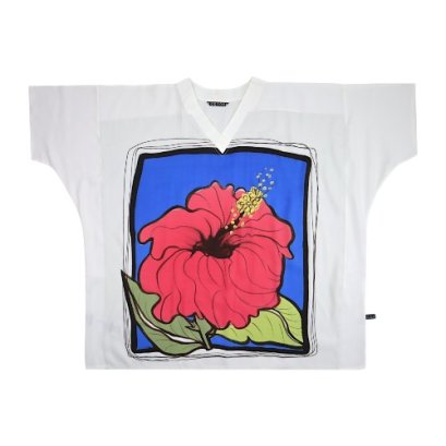 เสื้อตัวหลวมผู้หญิง - สีขาว : ลายดอกชบาในกรอบสีน้ำเงิน