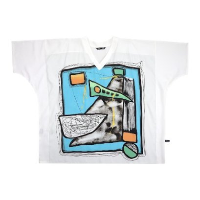 เสื้อตัวหลวมผู้หญิง - สีขาว : ลายจังหวะของแสงสีฟ้าบนโครงสร้างที่ฝัน