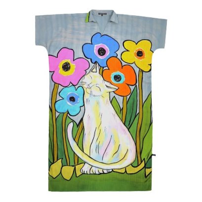 เดรสผู้หญิง - สีเทา : ลายแมวในสวนดอกไม้