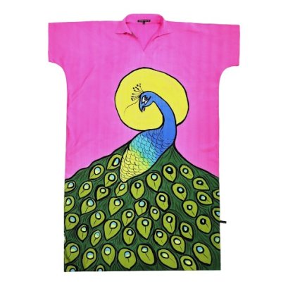 เดรสผู้หญิง - สีชมพู : ลายนกยูงสีน้ำเงินกับพระจันทร์เต็มดวง