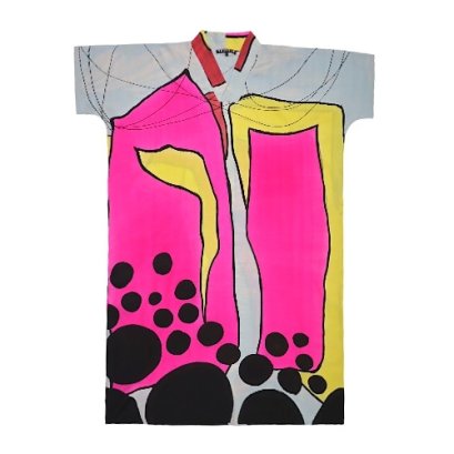 คาฟตันสีเทา : ลายจุดสีดําพร้อมแอปสแสตรคสีชมพูและสีเหลือง