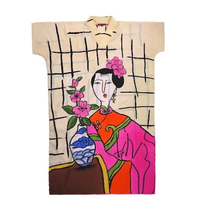 คาฟตันสีครีม : ลายสาวจีนกับแจกันลายคราม