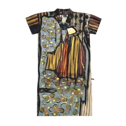 เดรสตัวยาวผู้หญิงคอกิโมโน-สีน้ำตาล : ลายแอปสแตรคน้ำตกและหินในถ้ำธรรมชาติ